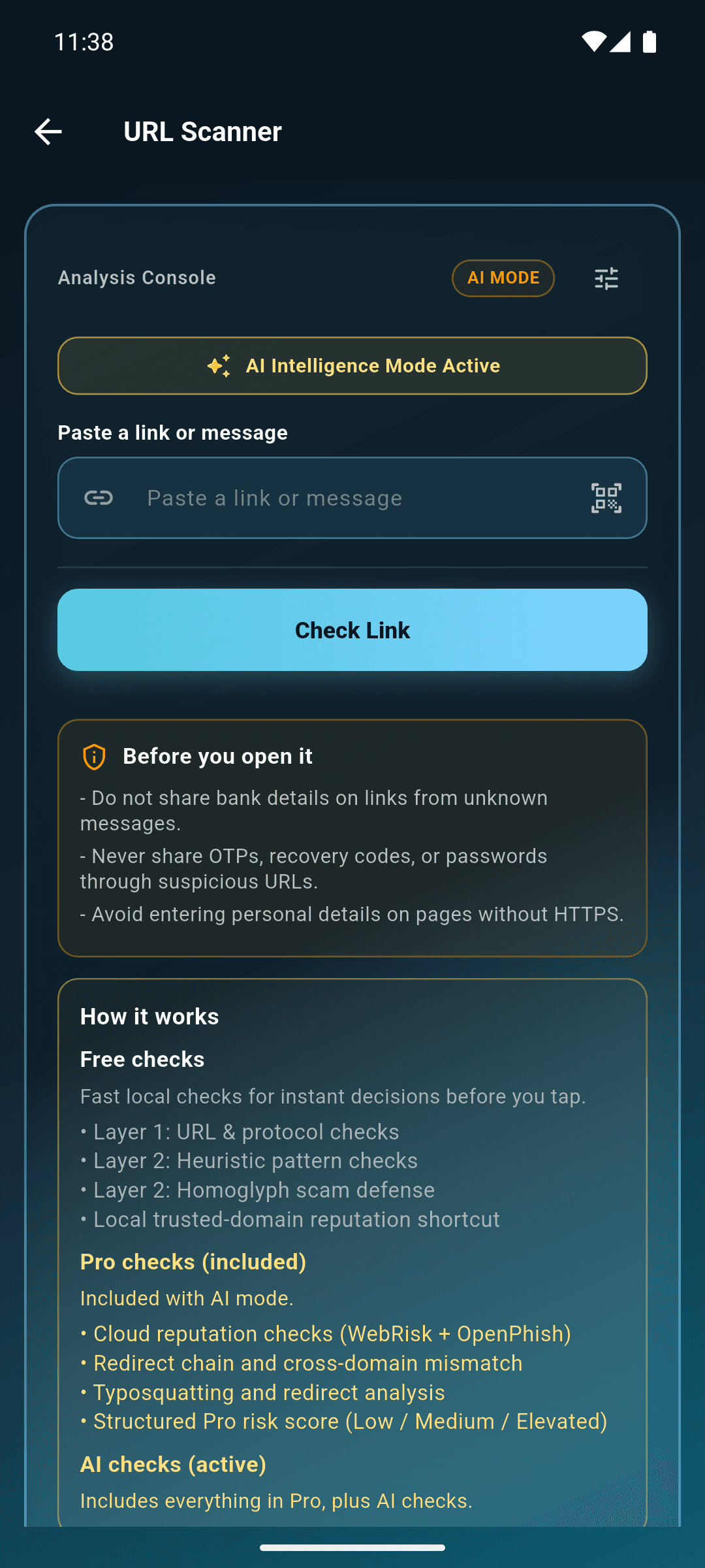 ScamGuard Link Checker URL Scanner in AI Mode on Android